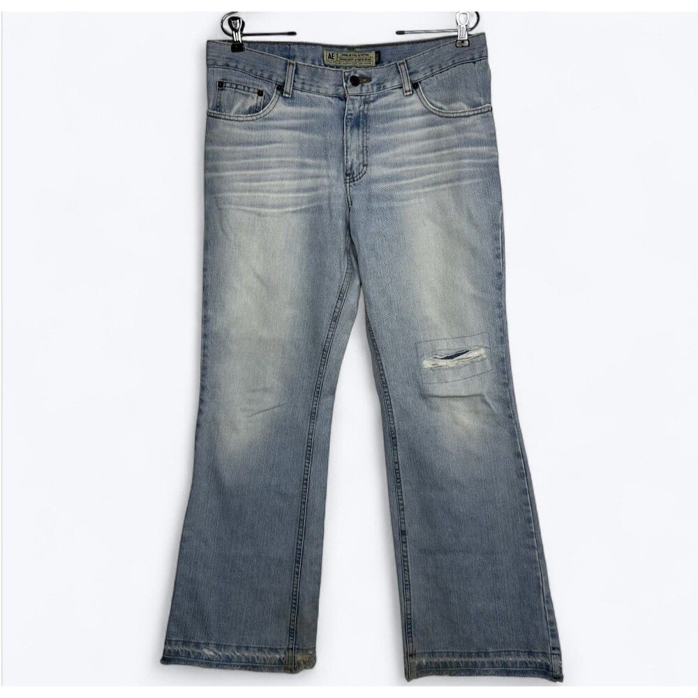Y2K Vtg American Eagle Wide Leg Jeans Womens Sz 12 Light Destroyed Grunge Skater